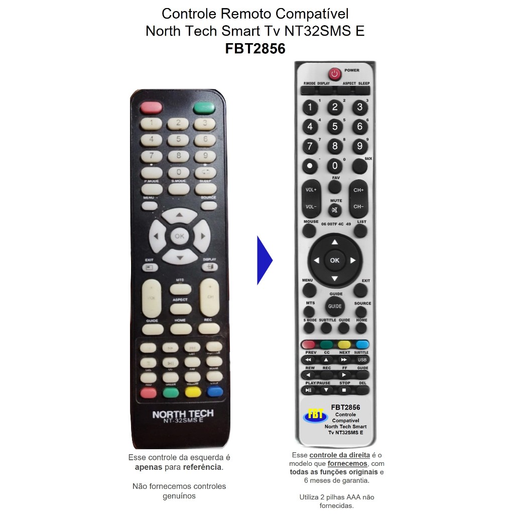 Controle Compatível Com TV NORTH TECH NT-32SMS E FBT2856