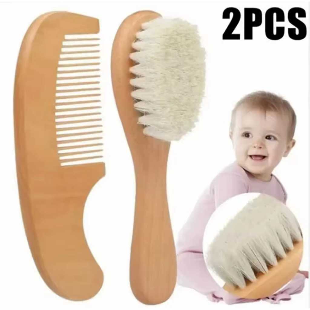 Kit Pente e escova para Bebê de Madeira Cerdas Macias Recém - Nascido Infantil 2 peças. (Ler na descrição as medidas).