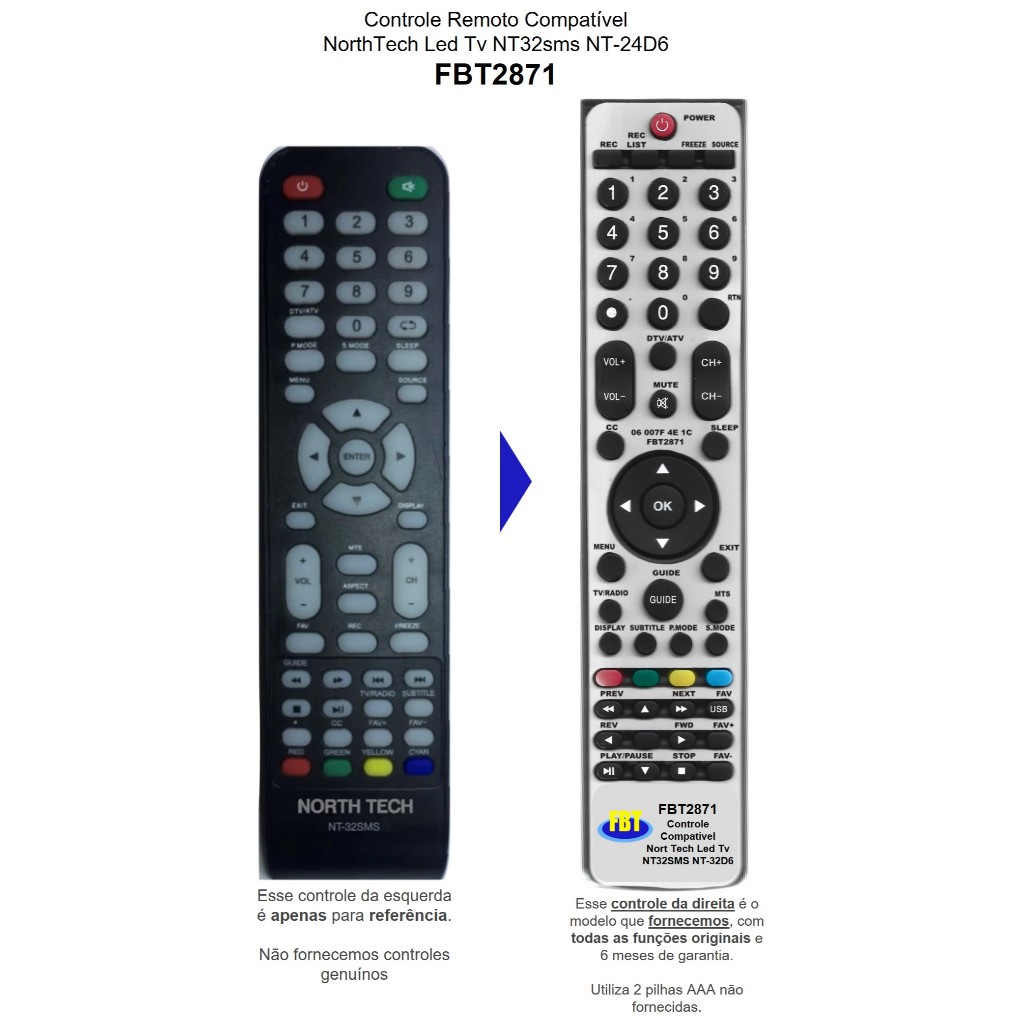 Controle Compatível TV North Tech NT-32SMS FBT2871