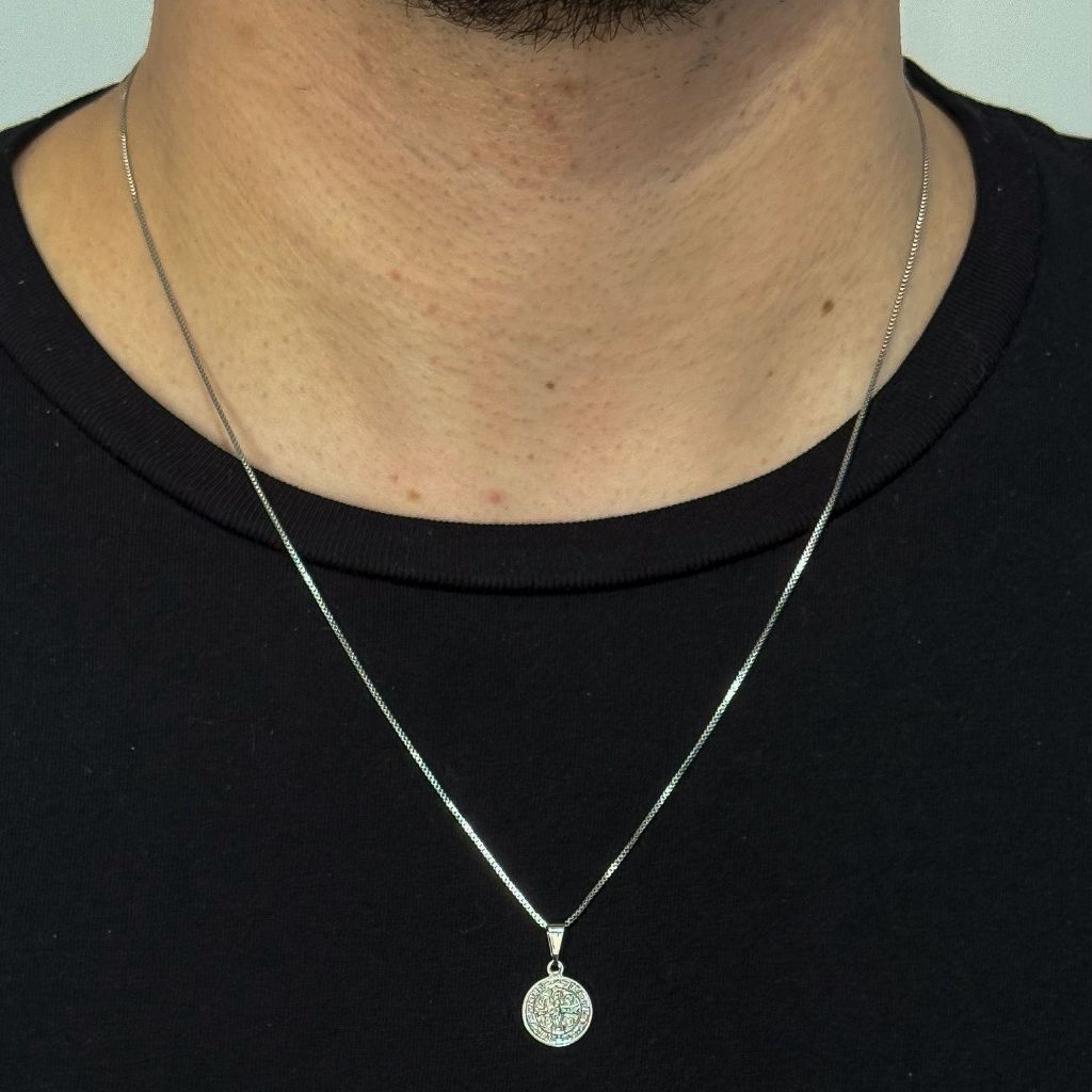 [ SEMI JOIA ] Colar Masculino Medalha São Bento  Masculina Proteção Cordão 60cm Prata 925 Acessórios