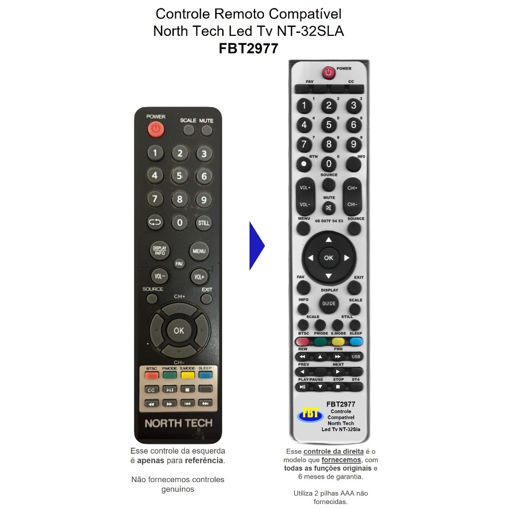 Controle Remoto Compatível LED TV North Tech NT-32DLA FBT2977