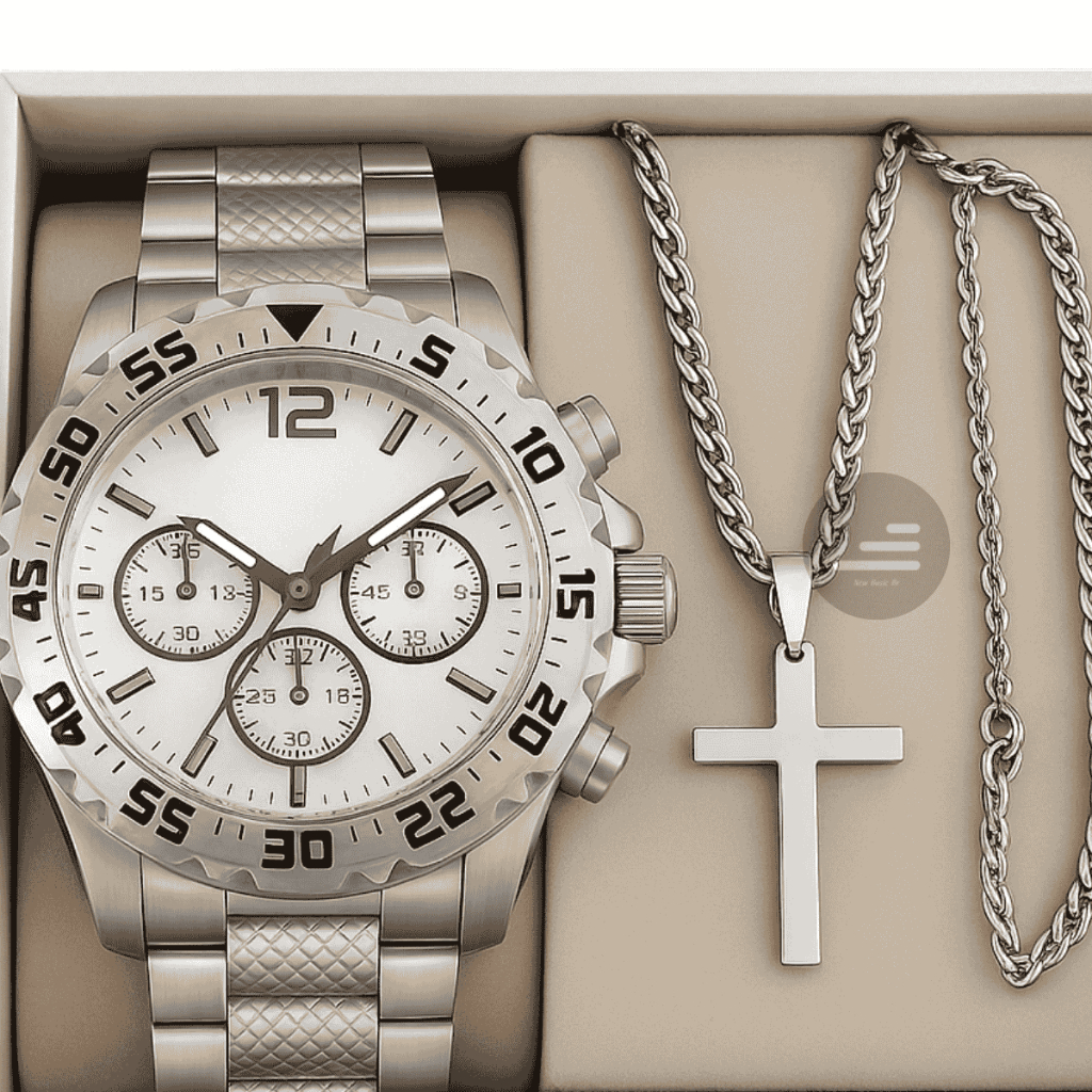 Kit completo relógio masculino aço inoxidável em Oferta na Shopee