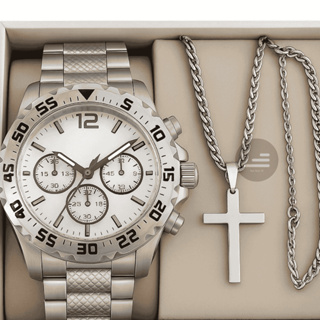 Kit completo relógio masculino aço inoxidável em Oferta na Shopee