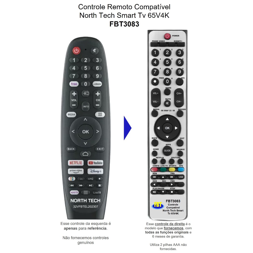 Controle Remoto Compatível North Tech Smart Tv 65V4K FBT3083