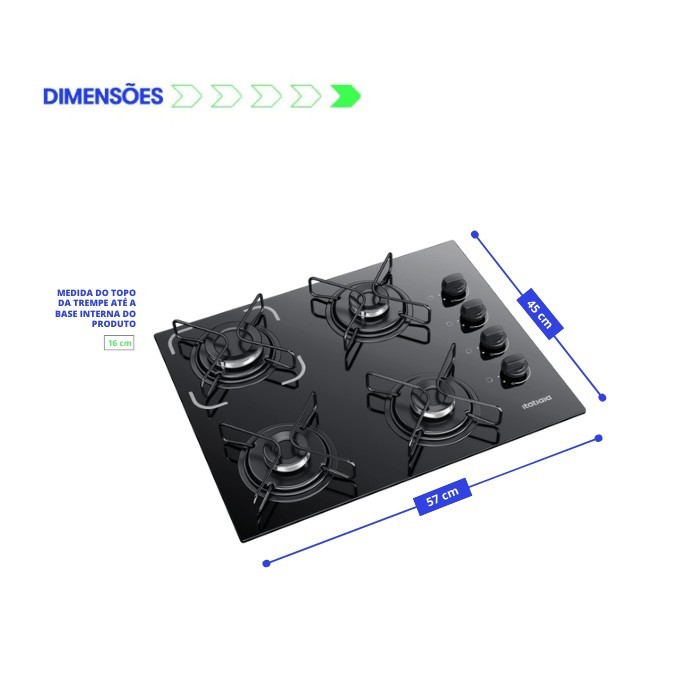 Cooktop Essencial Vidro Temperado Preto 4 Bocas com Grades Individuais e Manípulos Removíveis