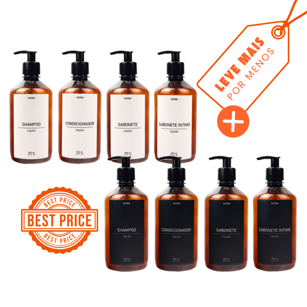 2 Kit Banho Frasco Âmbar 4pçs Shampoo Condicionador Sabonete líquido e Sabonete íntimo Dispenser 500ml Pharma