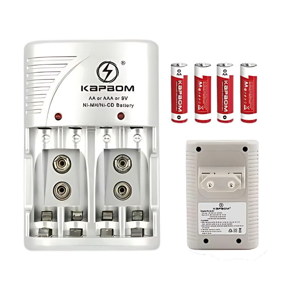 Kit Carregador de Pilhas + 4 AA Recarregáveis Multifuncional Pilhas e Baterias AA AAA 9V Bivolt