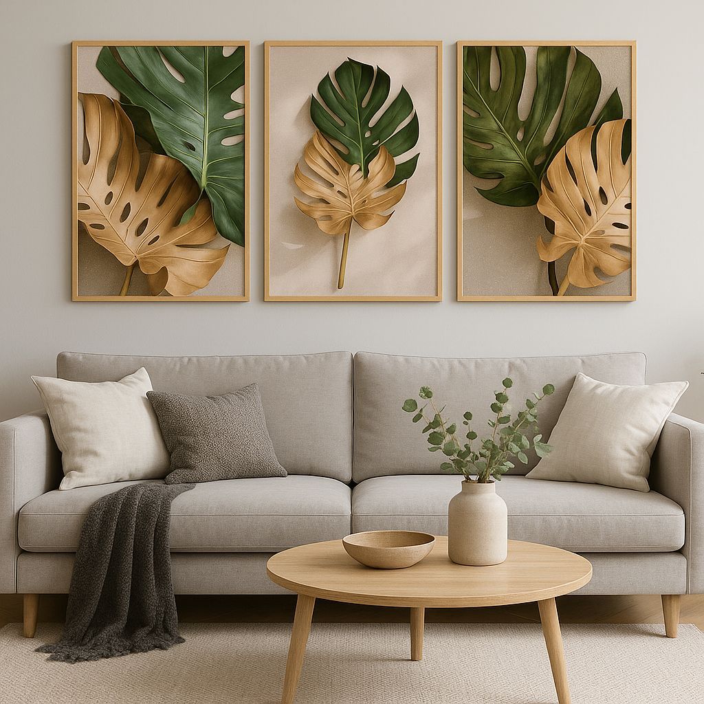 Quadro Decorativo Folhas Metálicas Kit 3 Peças MDF Para Quarto Sala Escritório em Oferta na Shopee