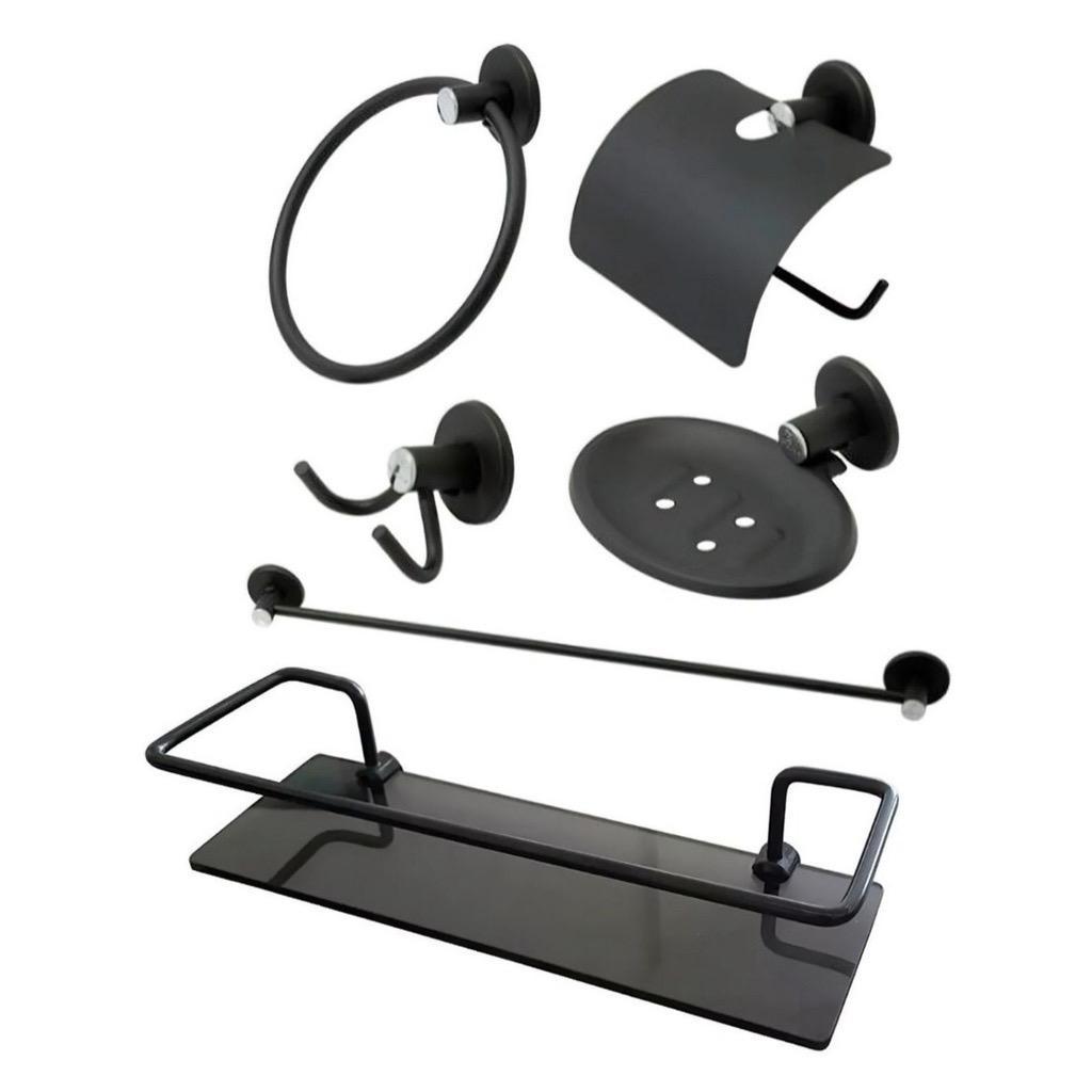 Kit Acessórios P/ Banheiro 6 Peças Aço Inox C/ Porta Shampoo Vidro Retangular PRETO FOSCO em Oferta na Shopee