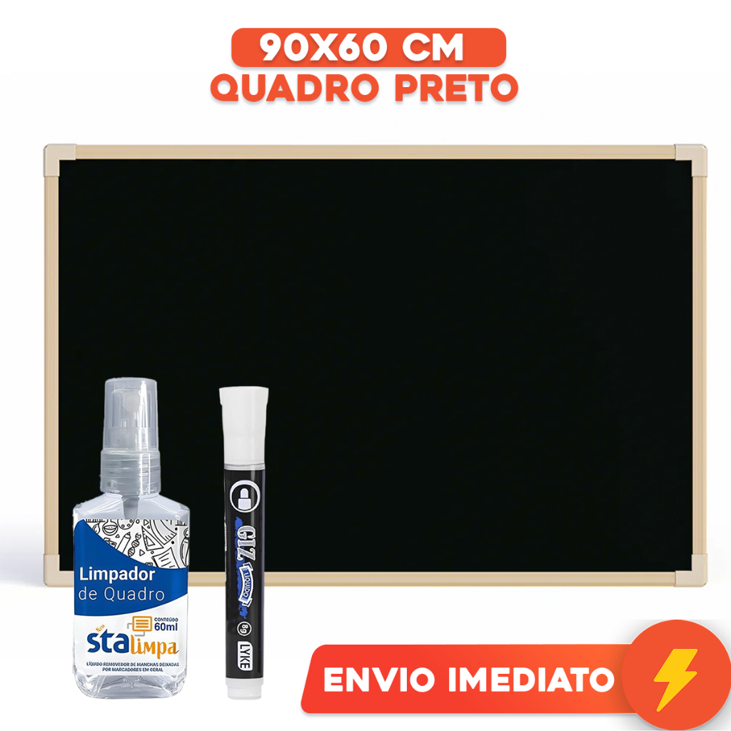 Lousa De Giz Quadro Negro 90x60cm Moldura Madeira + Caneta Giz Líquido Branco + Limpador