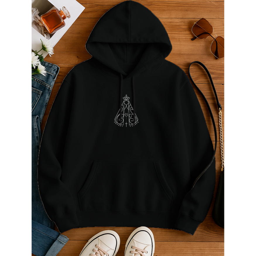 Moletom Premium estilo Canguru Silhueta de Nossa Senhora Aparecida religiosa Cristã capuz ajustável