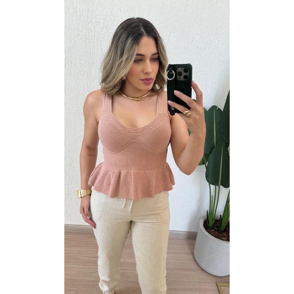 Blusa Bata Regata Feminina Com Babado Peplum Tricot Modal Verão 2025 Realize Trico Rodadinha