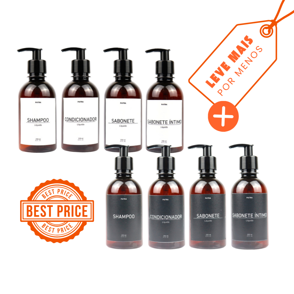 2 Kit Banho Frasco Âmbar 4pçs Shampoo Condicionador Sabonete líquido e Sabonete íntimo Dispenser 250ml