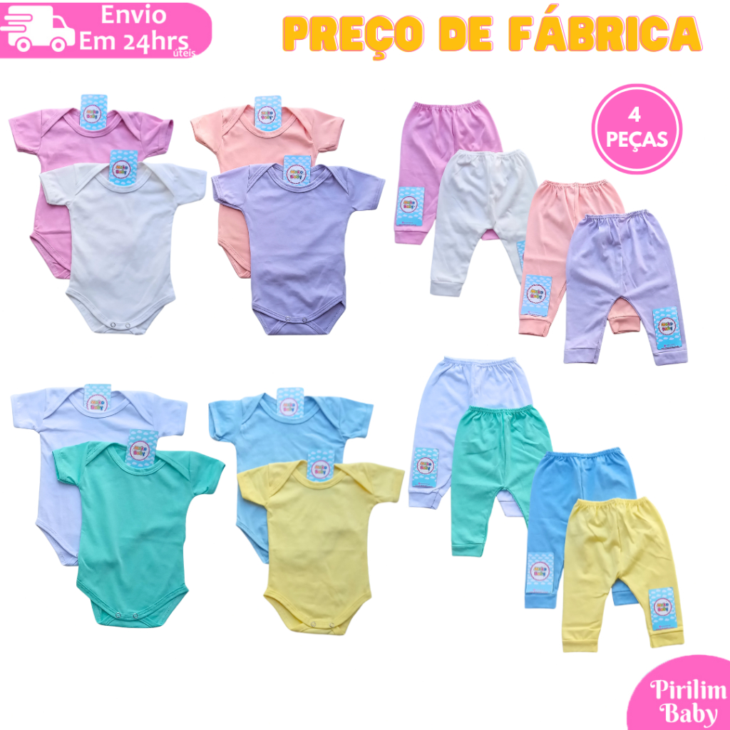 Kit 4 Peças Mijão Calça e Body Bebe Manga Curta Menina e Menino Algodão