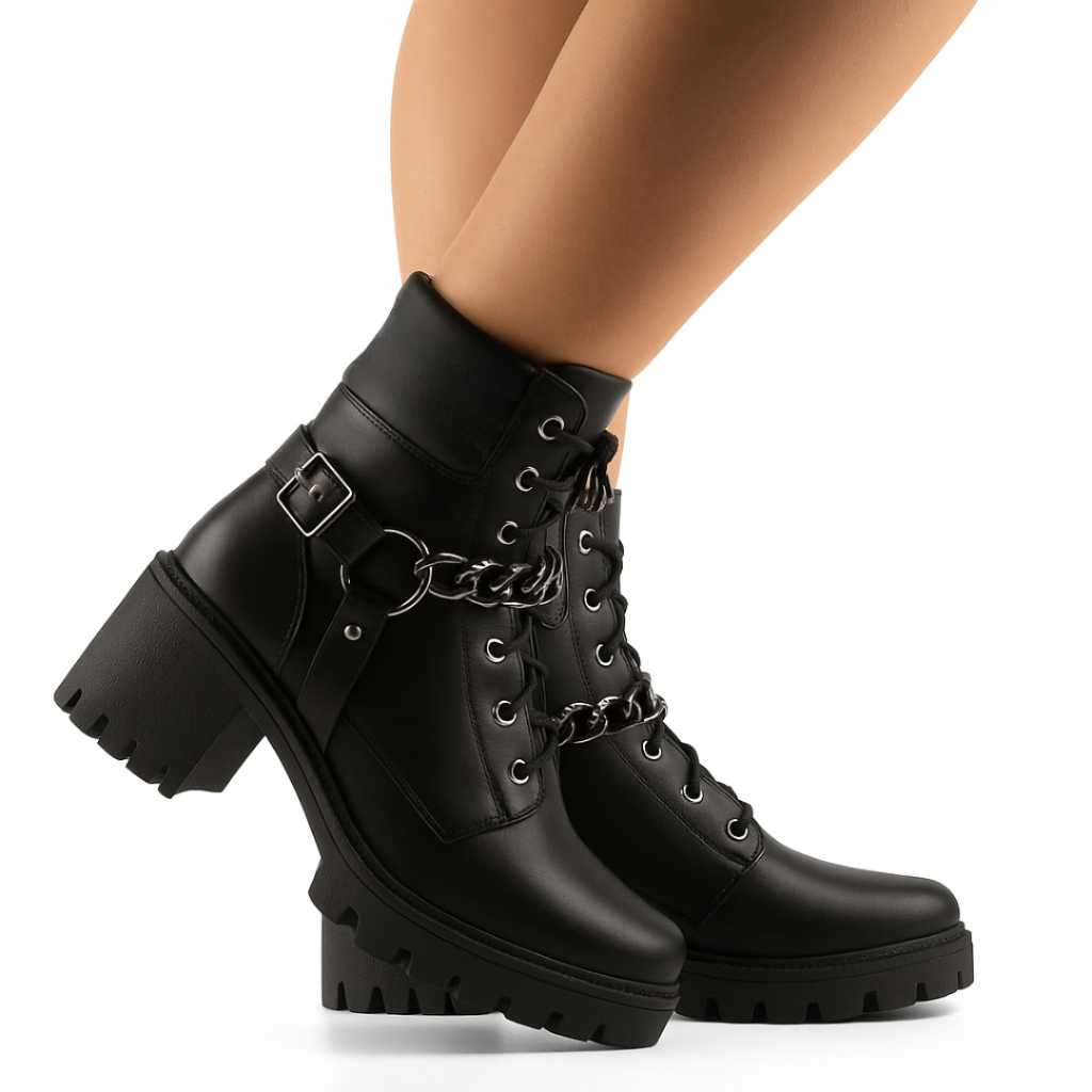 Coturno Feminino Preto com Corrente Blogueira | Salto Grosso Tratorado Top Estiloso, Confortável