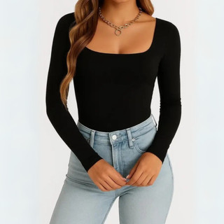 Body Manga longa Casual Suplex Feminino Decote Quadrado Para Mulheres