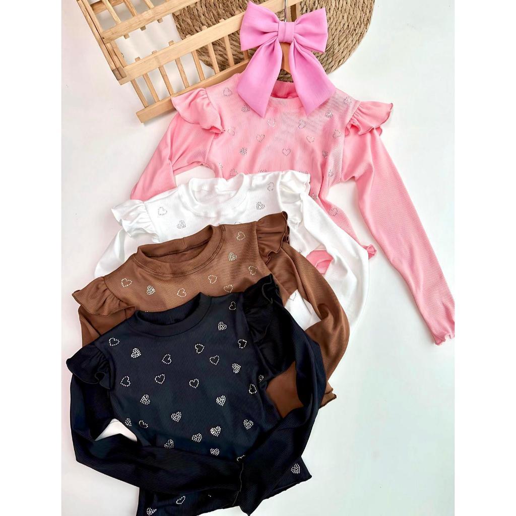 Blusa Infantil Manga Longa FruFru Canelado Coração Juvenil 4 A 12 Anos Frio Meia Estação Menina Brilho Blogueirinha Diva