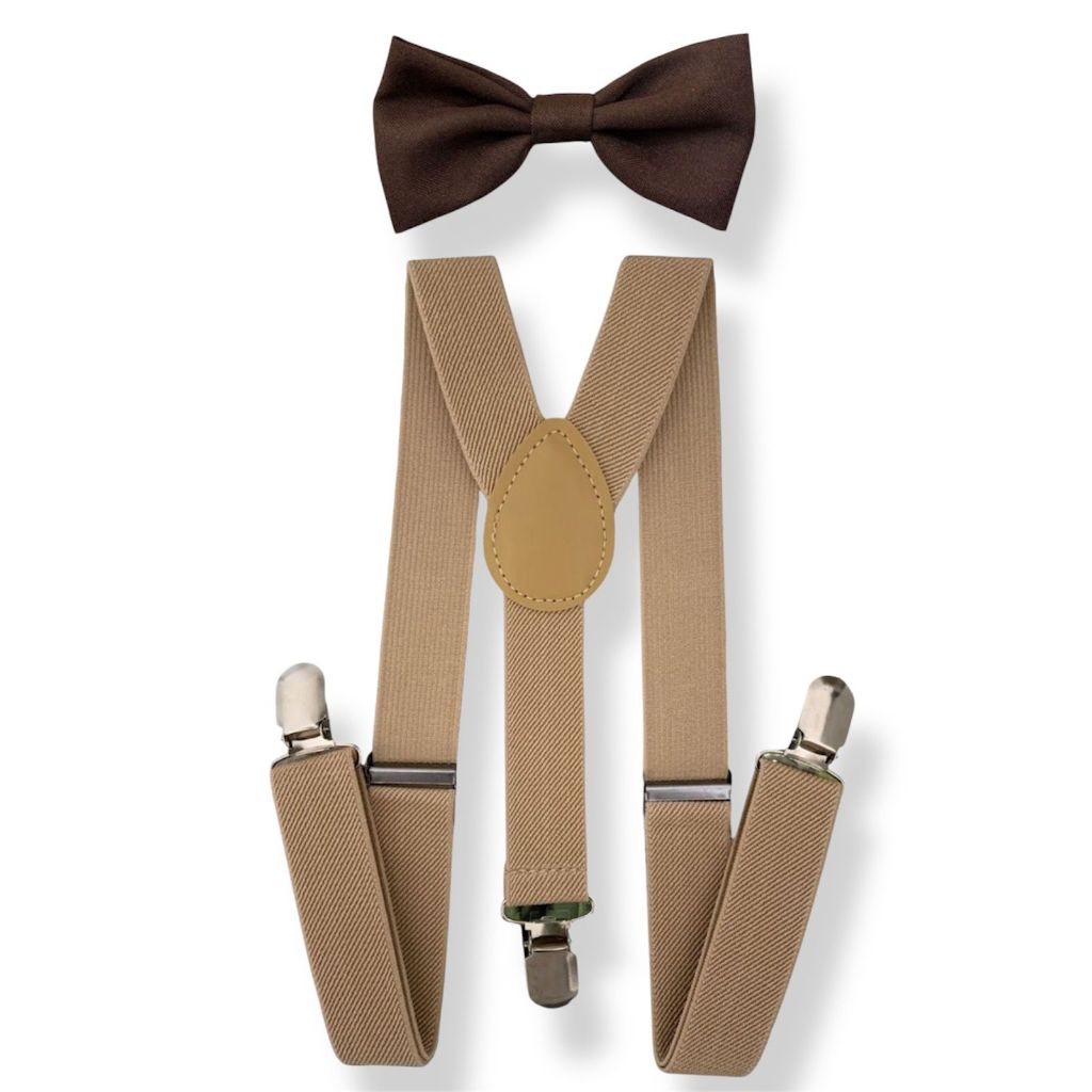 Kit Suspensório Bege e Gravata Borboleta Marrom Adulto Para Padrinhos de Casamento e Noivo