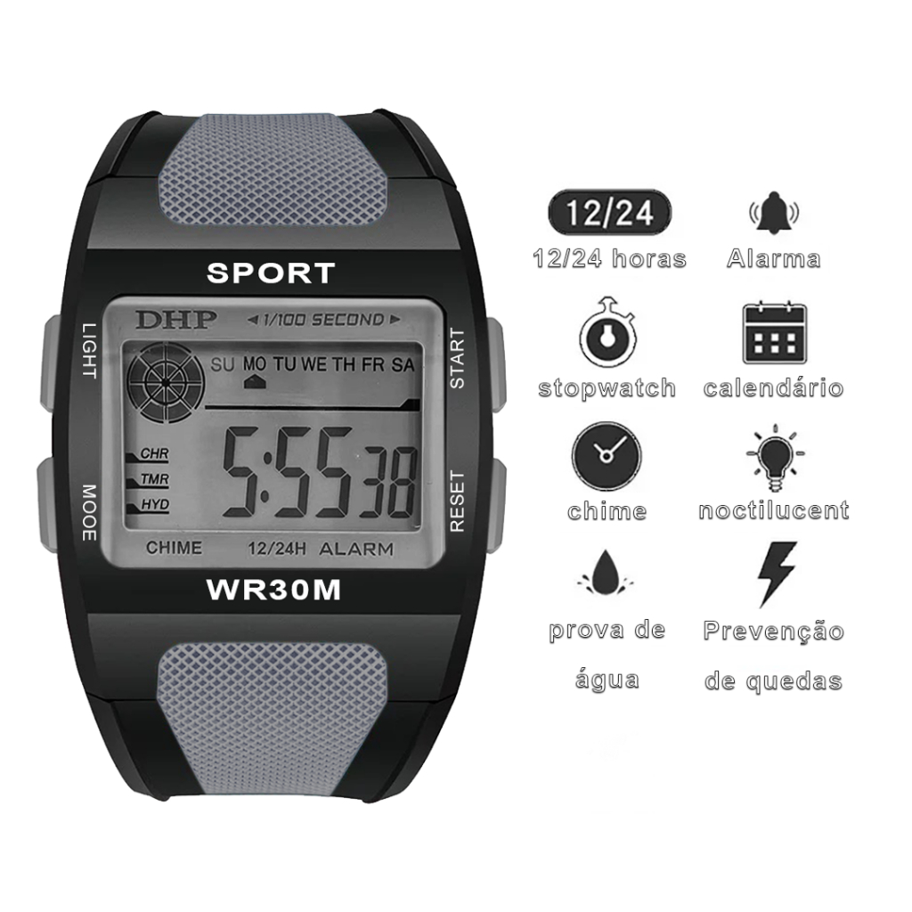 [225] Relógio original digital à prova d'agua masculino esportivo presente da moda alarme/cronômetro em Oferta na Shopee