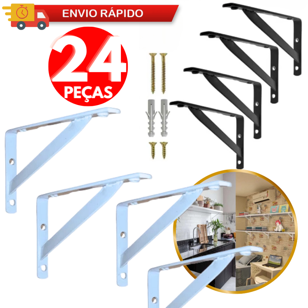 Jogo 24 Mão Francesa 25CM Suporte Cantoneira Para Armário Cozinha Guarda Roupa De Casal