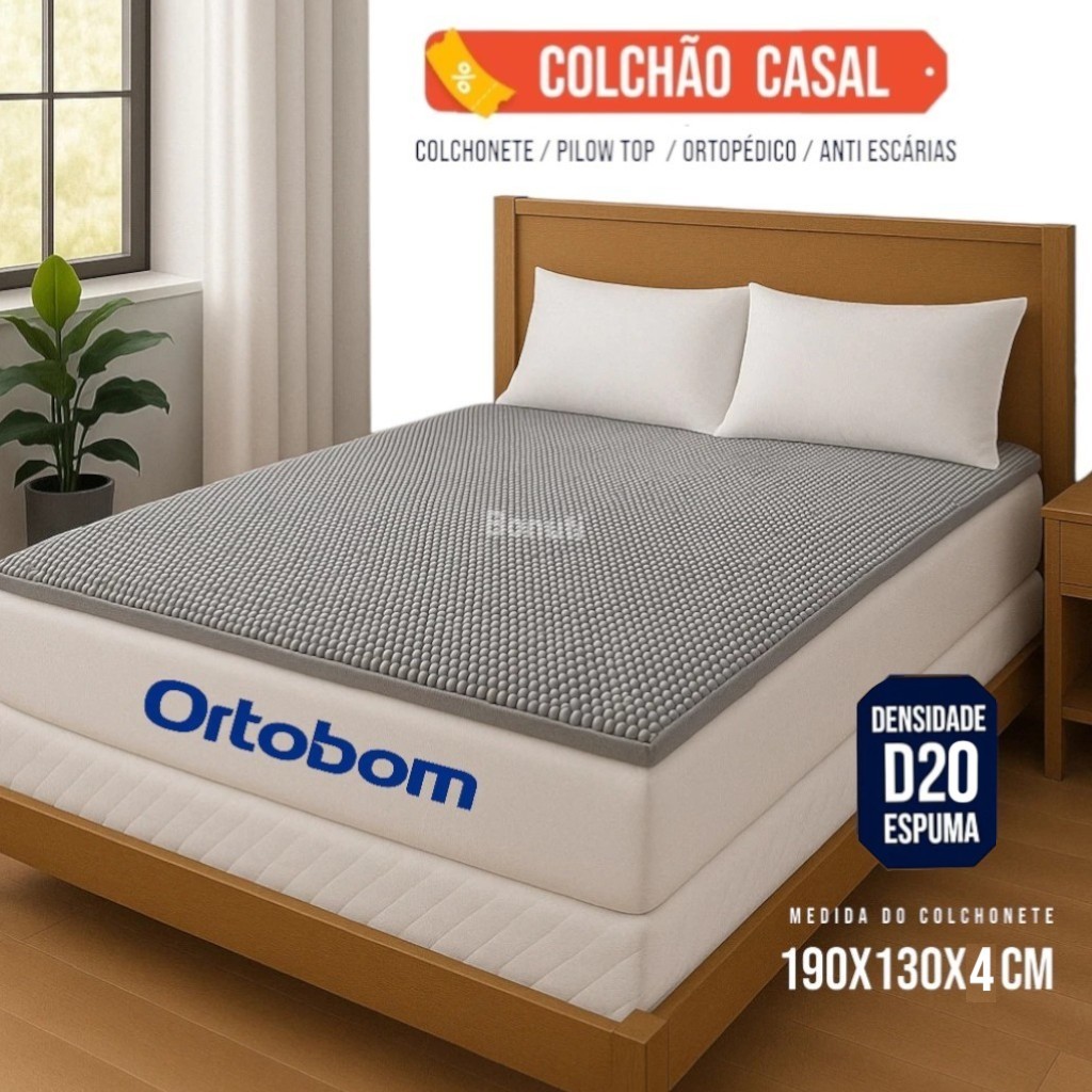 Colchonete Pillow Top Casal Ortobom Caixa Casca de Ovo Alveolado D20 Espuma Anti Escarias Ortopédico