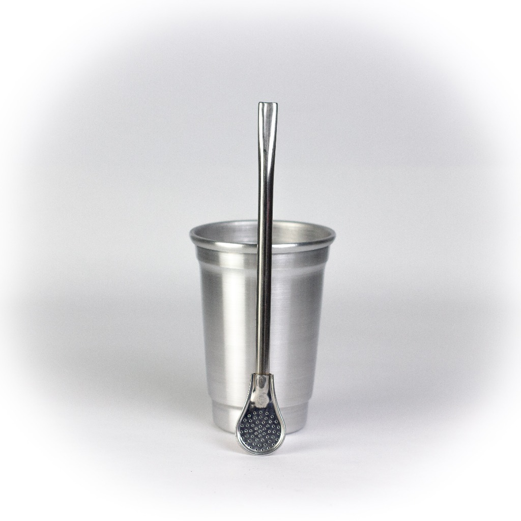 Kit Terere: Copo Alumínio Escovado 330ml + Bomba Bojo Prata + Escovinha para Limpeza