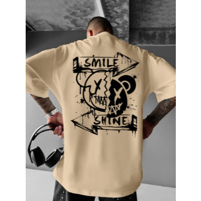 Camiseta Oversized Masculina Gola Redonda Canelado Algodão Camisa Estampada Confortável