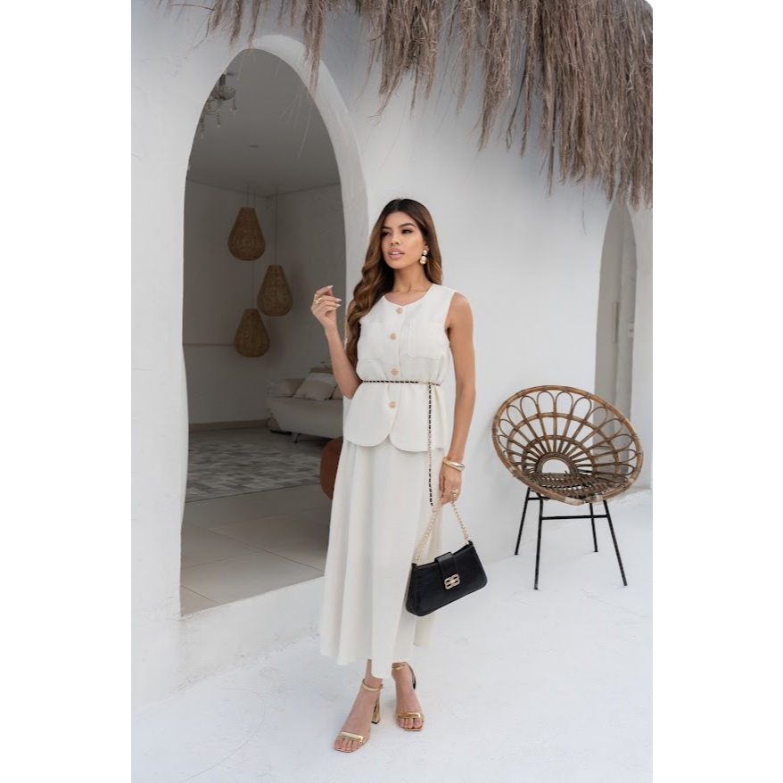 Conjunto de tweed  Colete com bolsos frontais funcionais, forrado,com fechamento por botões E cinto em Oferta na Shopee