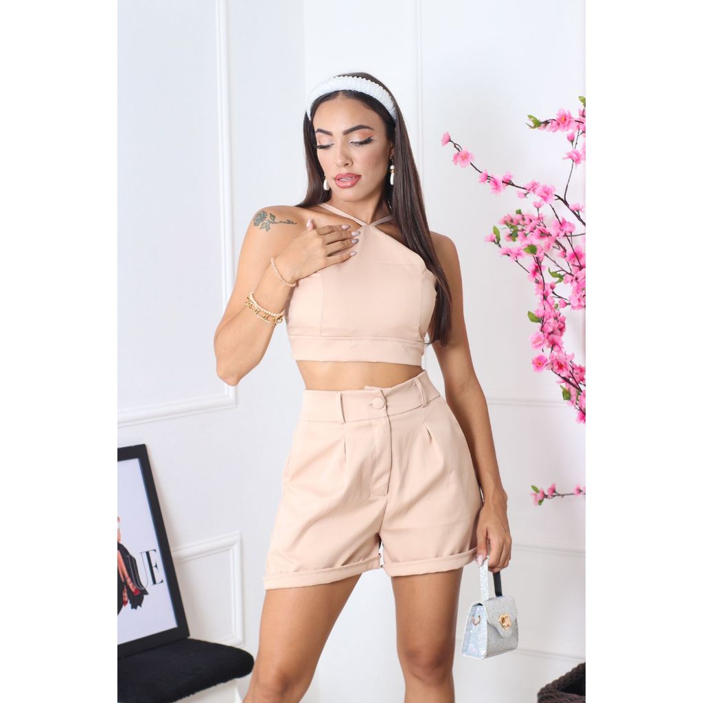 Conjunto Feminino Alfaiataria SHORT E CROPPED com amarração nas costas