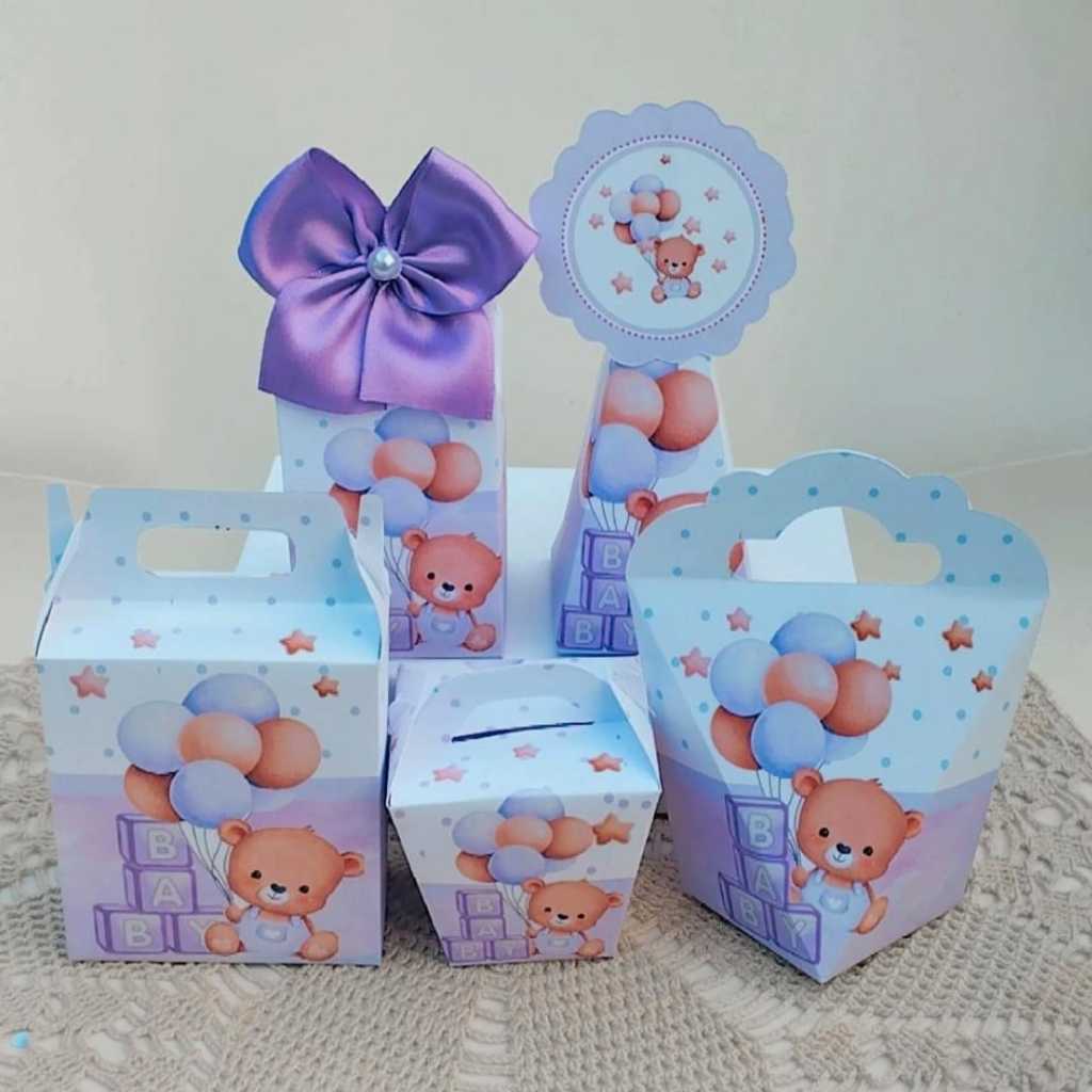 Kit Festa Chá Revelação Bebê Ursinho | Personalizado | Lembrancinha | Decoração Aniversário | Caixa Milk Pirâmide
