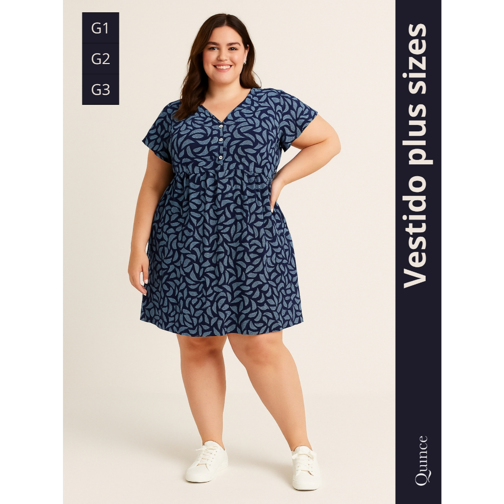 Vestido plus crepe estampado 3 botões franzido manga evasê fresquinho em Oferta na Shopee