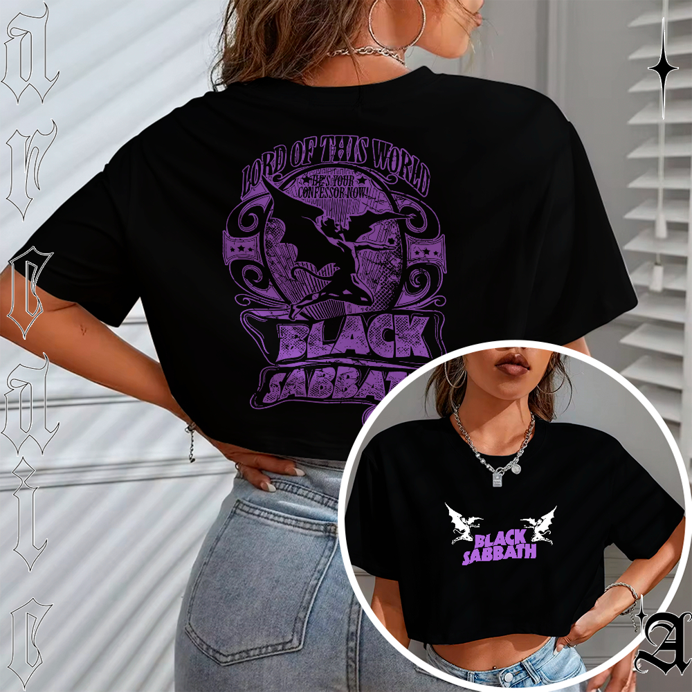 Blusa Cropped Top Estilosa Oversized Feminina Versão Frente E Costas Black Sabbath Lord World Demon