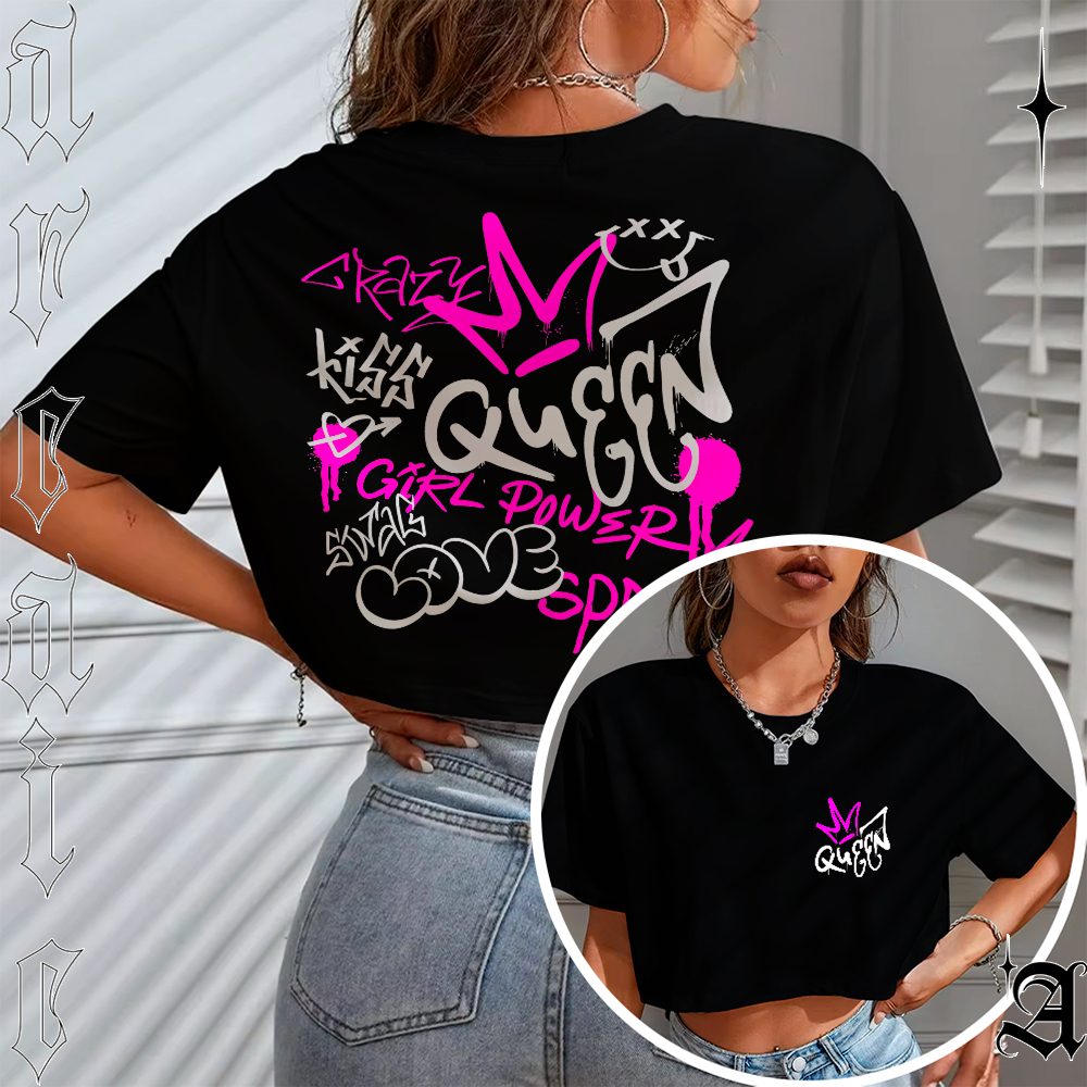 Blusa Cropped Top Estilosa Oversized Feminina Versão Frente E Costas Queen Girl Power Streetwear