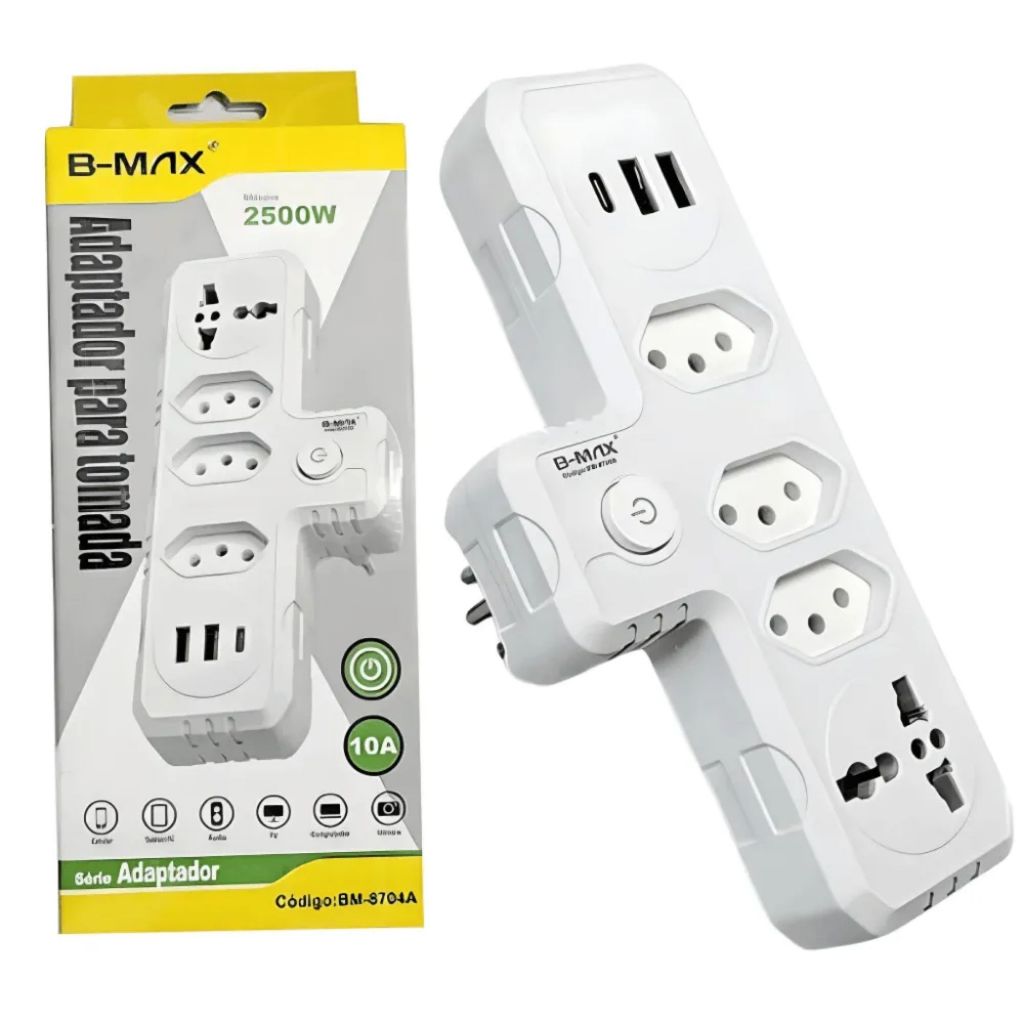 Adaptador Bivolt BM-8704A B-Max com 3 Tomadas Tripolar  1 Tomada Universal  2 USB  1 USB-C Carregador Rápido Multiplug em Oferta na Shopee
