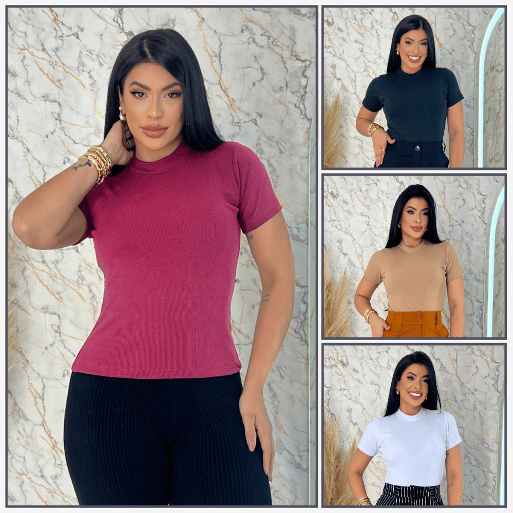 Blusa Feminina Canelada Casual Manga Curta Blusinha Elegante Gola O Canelado Moda Tendência em Oferta na Shopee