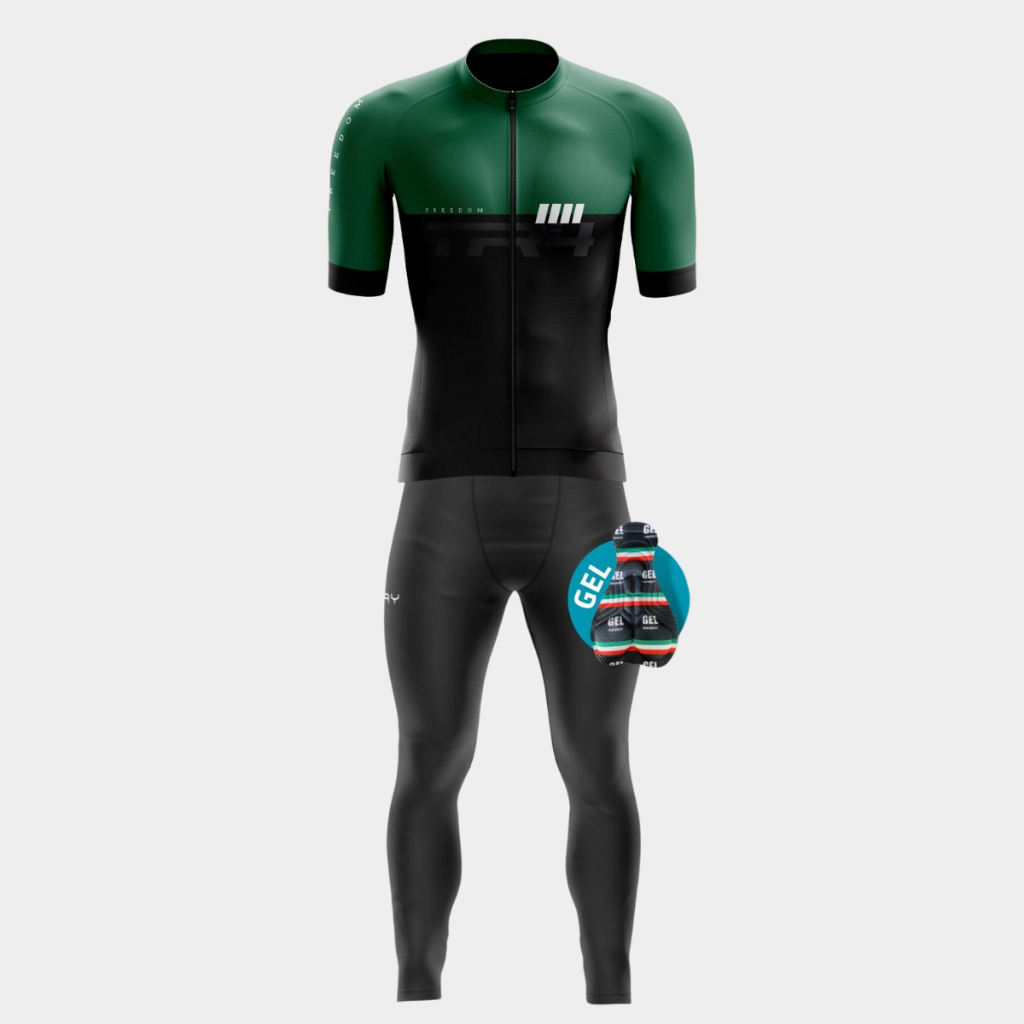 Conjunto Ciclismo Masculino Uniforme Camisa Ziper Total Calça Forro Gel Bike Running