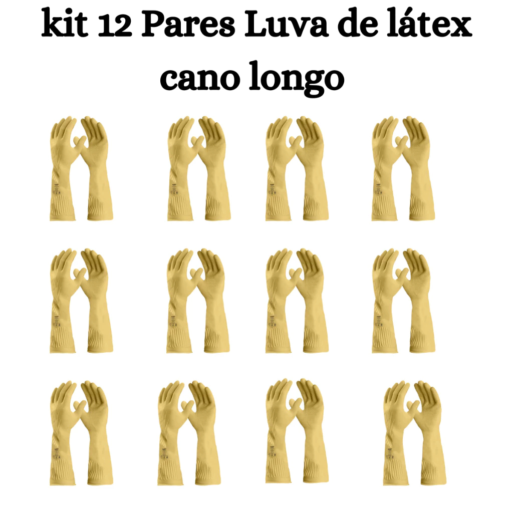 Kit 12 Pares de Luvas de Látex Ranhurada Segurança Limpeza Pesada Longatex Puraguard