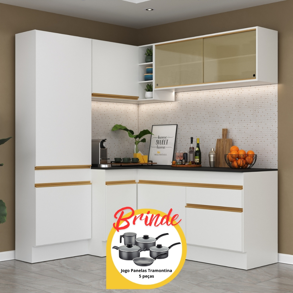 Armário Cozinha Completa Canto Veneza MP2089 Multimóveis Branco + Brinde Jogo de Panelas Tramontina em Oferta na Shopee