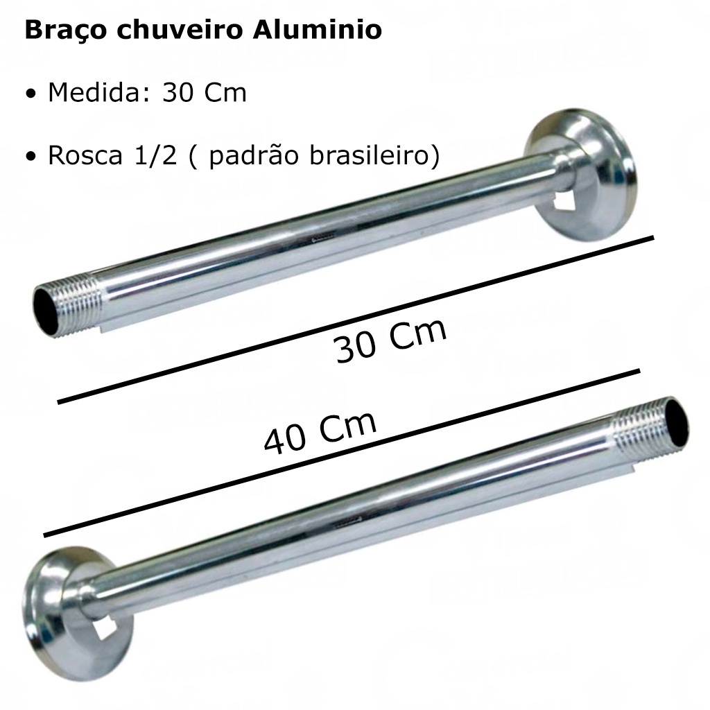 Cano Haste Chuveiro Aluminio Polido 30cm 40cm Braco Chuveiro Universal Parede