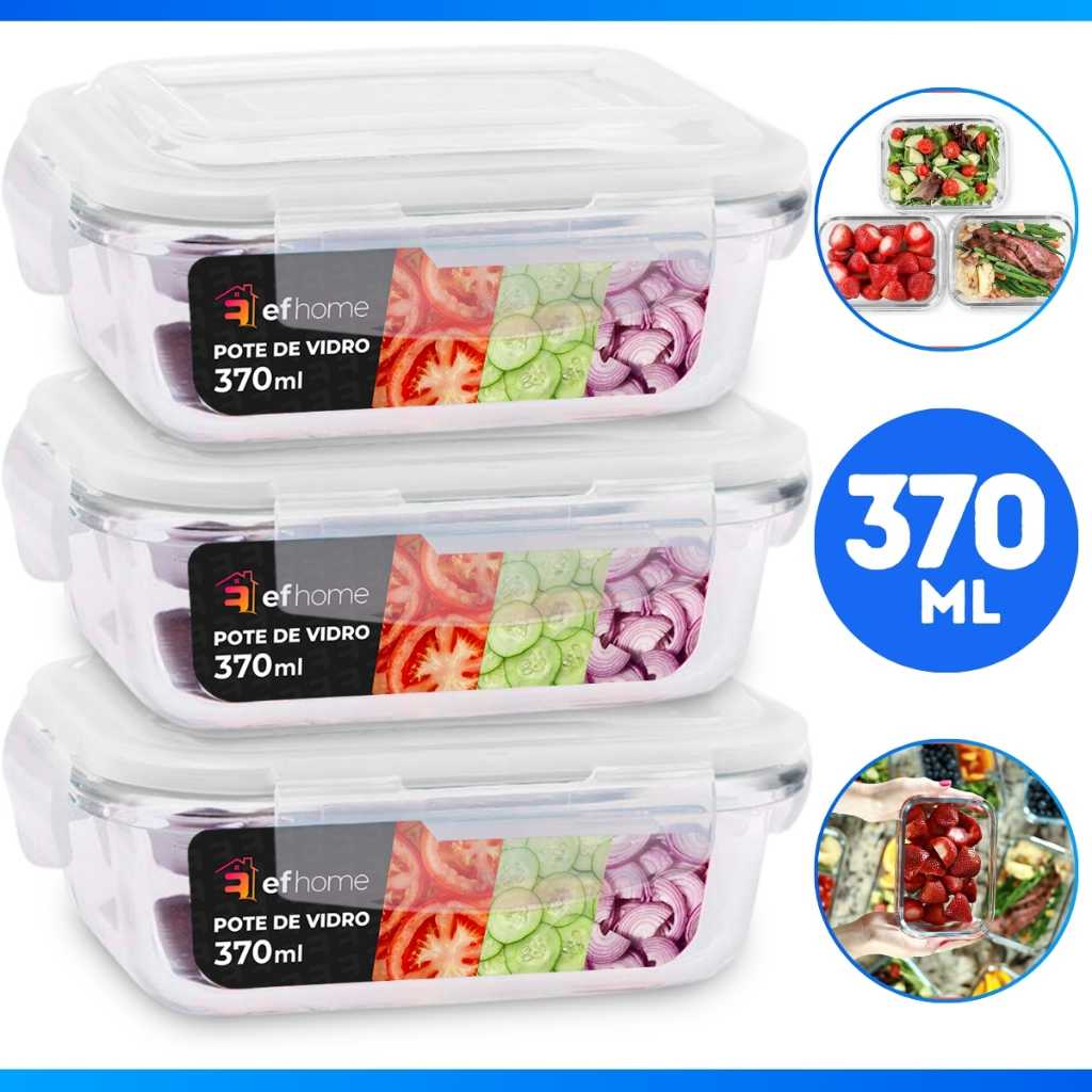 Kit 3 Pote de Vidro Hermético Retangular 370 ml Marmita Microondas Potes Com Trava - PROMOÇÃO!