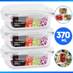 Kit 3 Pote de Vidro Hermético Retangular 370 ml Marmita Microondas Potes Com Trava - PROMOÇÃO!