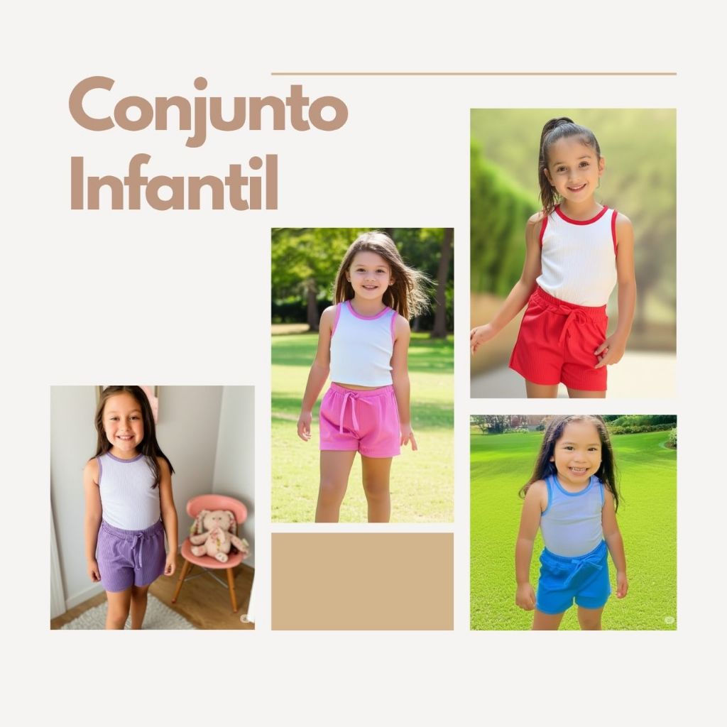 Conjunto infantil Blusa regata short malha canelada menina blogueira moda verão CORES SORTIDAS