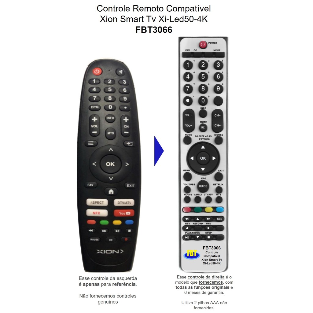 Controle Remoto Compatível p/ Xion Smart Tv FBT3066