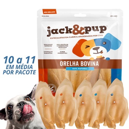 Petisco orelha bovina 300g para cães jack e pup pacote com 10 a 11un Natural p/ Cachorro Saborosa