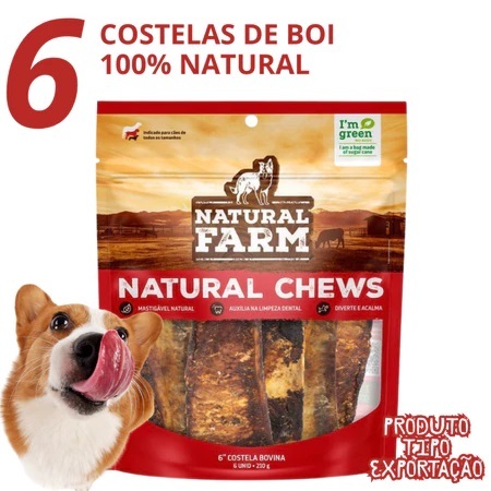 Costela Bovina Defumada Para Cães Natural Farm 6 unidades Mordedor Pet Natural