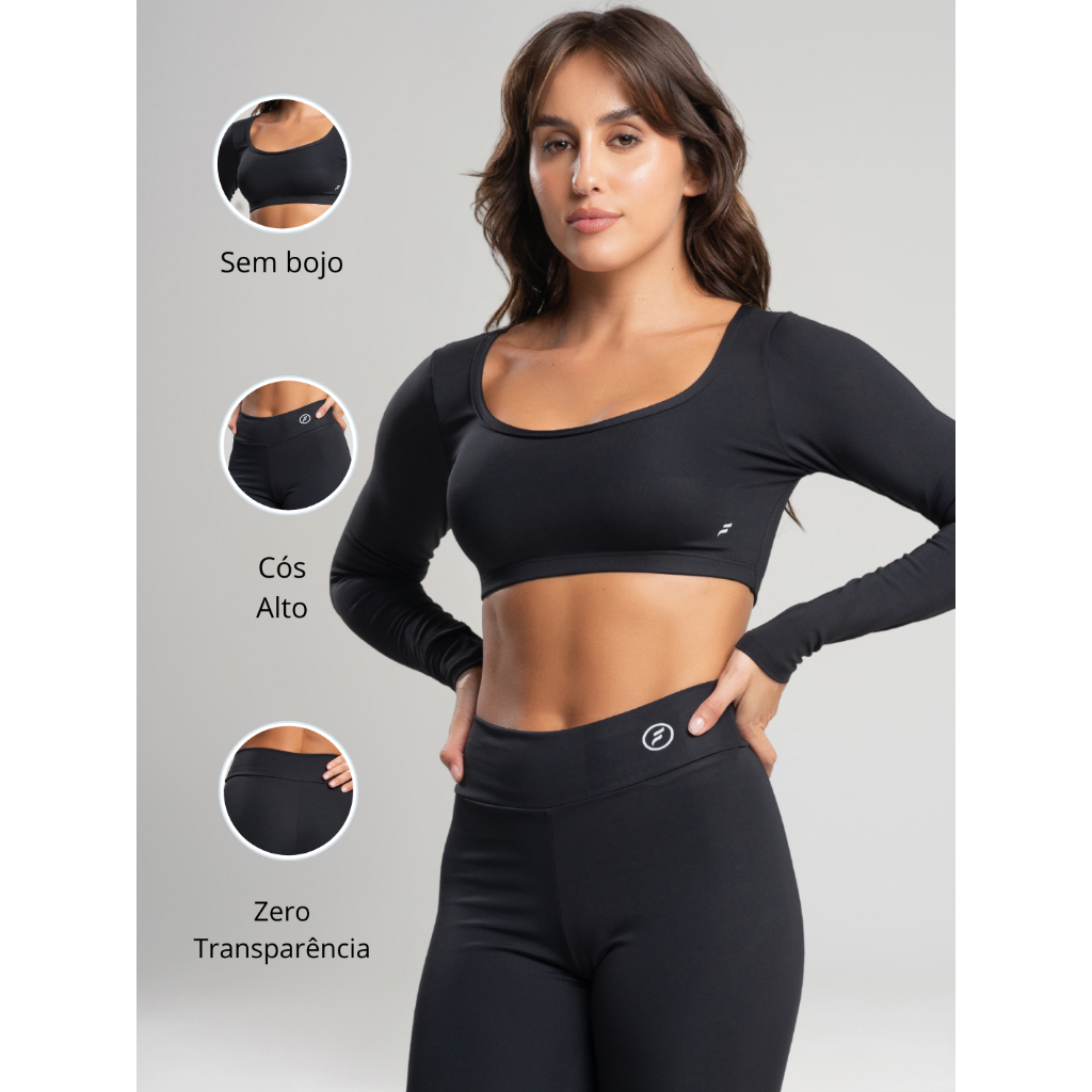 Top Cropped Manga Longa Fitness Feminino Academia Suplex Zero Transparência Forrado Sem Bojo em Oferta na Shopee