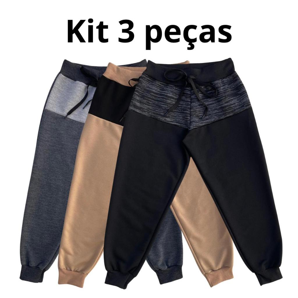 Kit 3 Calças Moletom Bicolor Moletinho Infantil Unissex Menina Menino Inverno