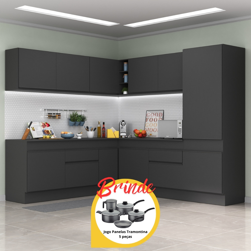 Armário Cozinha Completa Canto Veneza MP2101 Multimóveis Preto + Brinde Jogo de Panelas Tramontina