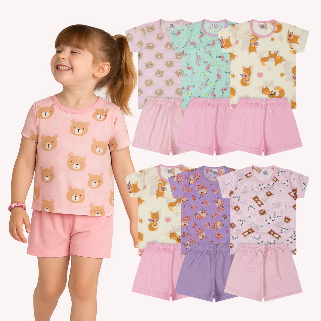 Kit 2 ou 3 conjuntos Pijama Infantil Menina Feminino Verão Estampado e Fresquinho – 100% Poliéster