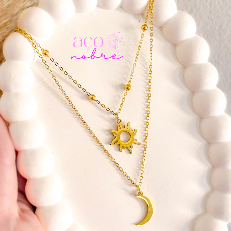 Colar Duplo de Sol e Lua Aço Inoxidável Não Escurece Joias De Sol E Lua Joia Aço Cirúrgico em Oferta na Shopee
